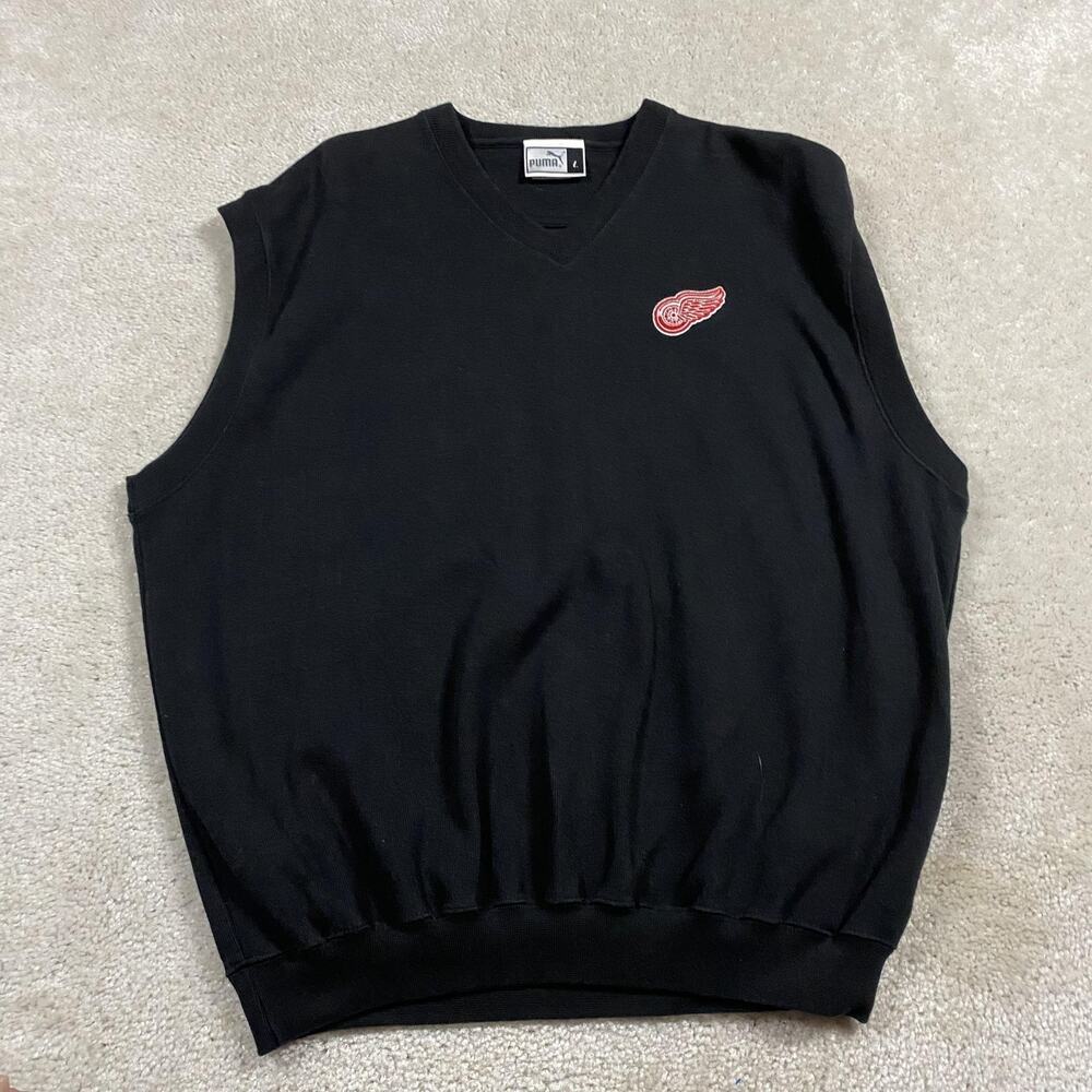 Detroit Red Wings Sweater Vest Mens L Black NHL Hockey Puma V Neck Pullover